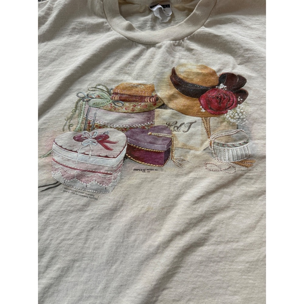Vintage 1995 Jerzees Hat Boxes Graphic T-Shirt Cream XL Cottagecore 90s Impulse - Picture 2 of 7